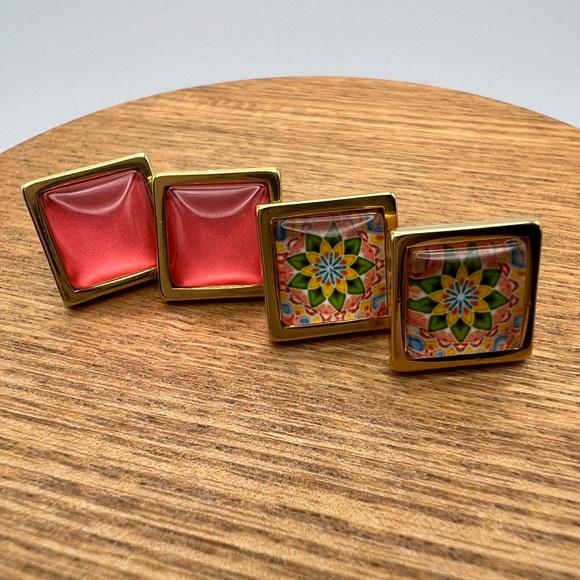 Classic Flirty Stud Earrings - Gold Boho Chic Square & Round Stud Earrings - Picture 13 of 15